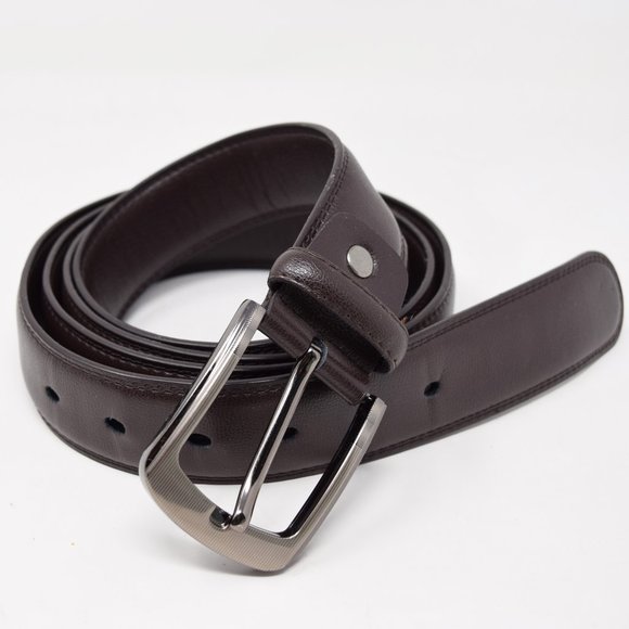 Faux Leather Belt Men 61 65 Brown Career Professional Silvertone Buckle Preppy - Picture 3 of 12